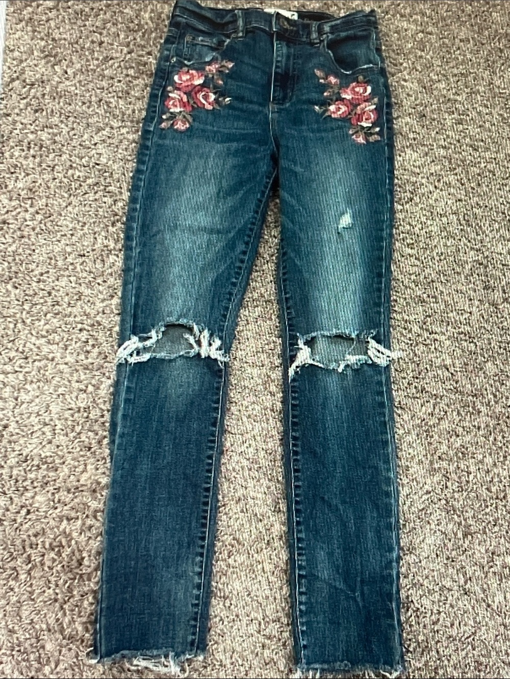 Garage Blue Skinny Jeans with Pink Floral Embroidery